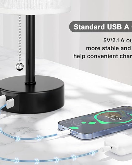 White Table Bedside Lamp for Bedroom Nightstand - Small Lamp with USB A + C Charging Port, 3 Color Temperatures Pull Chain Night Stand Light with Bulb, Side Table Desk Reading Lamp for Living Room - LeafyLoom