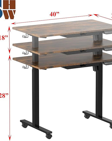 SHW Small Electric Height Adjustable Mobile Sit Stand Desk with Drawer, Hanging Hooks and Cable Management, 40 x 24 Inches, Rustic Brown - LeafyLoom