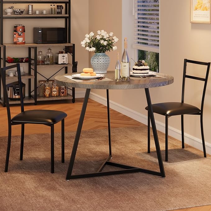 GAOMON Dining Table Set for 2, Kitchen Table and Chairs for 2 with Upholstered Chairs, 3 Piece Dining Room Table Set, Round Kitchen Table Set for Small Space, Apartment, Studio, Rustic Gray - LeafyLoom