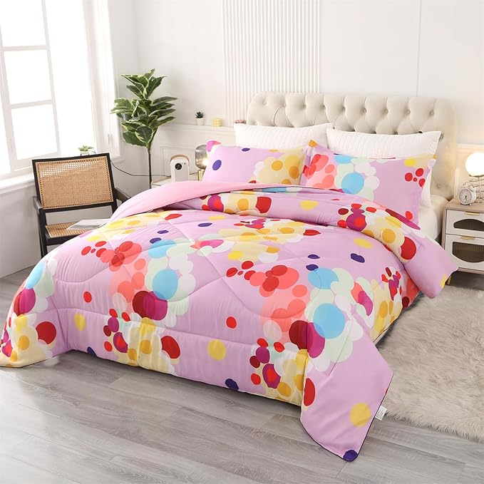 ENCOFT Pink Comforter Set Queen for Girls and Boys, Premium 3 Piece Colorful Bubbles Bedding Set Color, Comfortable and Breathable for Teens and Adults, 1 Comforter and 2 Pillowcases - LeafyLoom