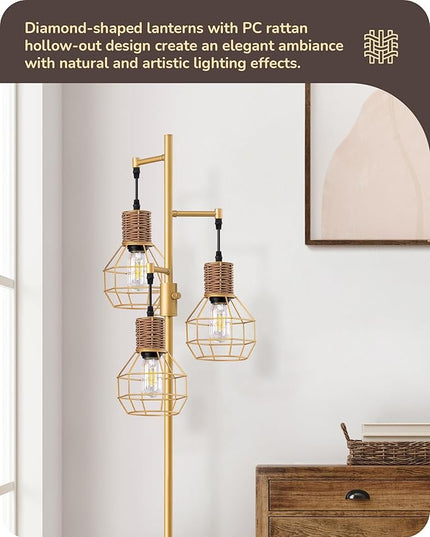 EDISHINE Dimmable Farmhouse Floor Lamp for Living Room, Industrial Standing Lamp with 3 LED Edison Bulbs, Corner Rustic Rattan Tall Tree Reading Lamps Home Decor for Bedroom, Office, Gold - LeafyLoom