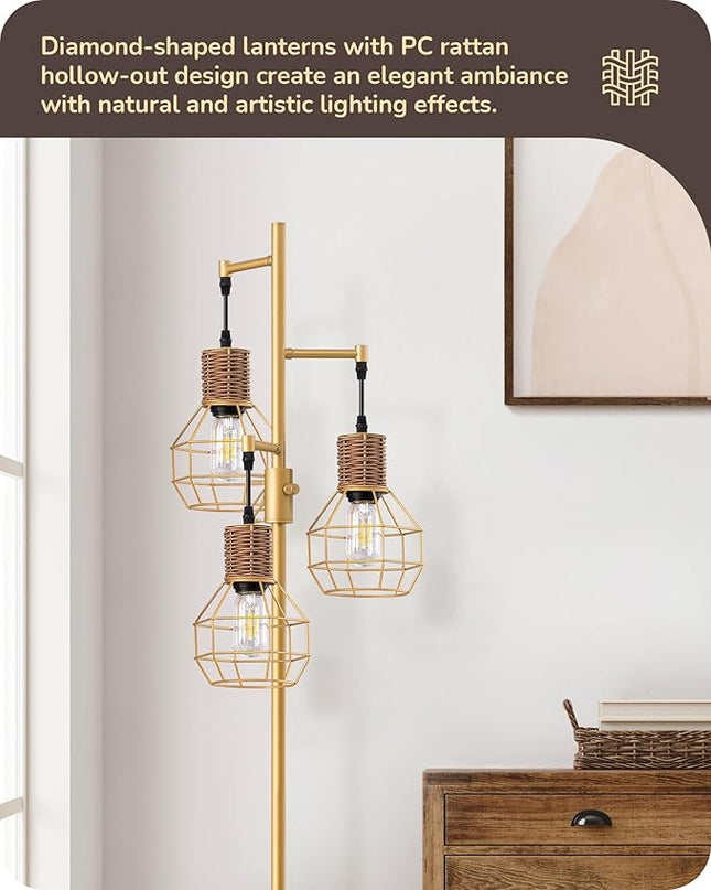 EDISHINE Dimmable Farmhouse Floor Lamp for Living Room, Industrial Standing Lamp with 3 LED Edison Bulbs, Corner Rustic Rattan Tall Tree Reading Lamps Home Decor for Bedroom, Office, Gold - LeafyLoom