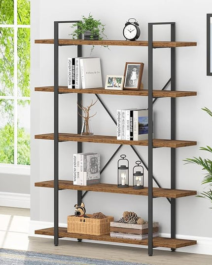 HSH Rustic Bookcases and Book Shelves 5 Shelf, Metal Wood 5 Tier Bookshelf and Storage Book Rack, Vintage Large Book Shelf for Bedroom Living Room Office,Open Vertical Display Etagere Book Case, Brown - LeafyLoom