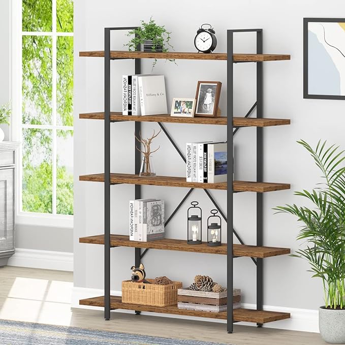 HSH Rustic Bookcases and Book Shelves 5 Shelf, Metal Wood 5 Tier Bookshelf and Storage Book Rack, Vintage Large Book Shelf for Bedroom Living Room Office,Open Vertical Display Etagere Book Case, Brown - LeafyLoom