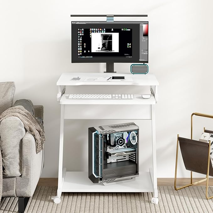 Need Rolling Computer Desk Mobile Desk Laptop Stand Desk with Sliding Keyboard for Home Office,23.6 Inches White DX-8110WT-ND - LeafyLoom