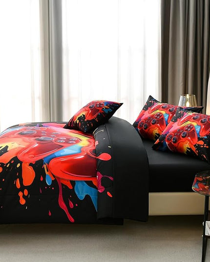 Full Size Gamer Comforter Set for Boys, Game Controller 6 Pcs Bed in a Bag Full Gaming Bediing Set for Boys Kids - LeafyLoom