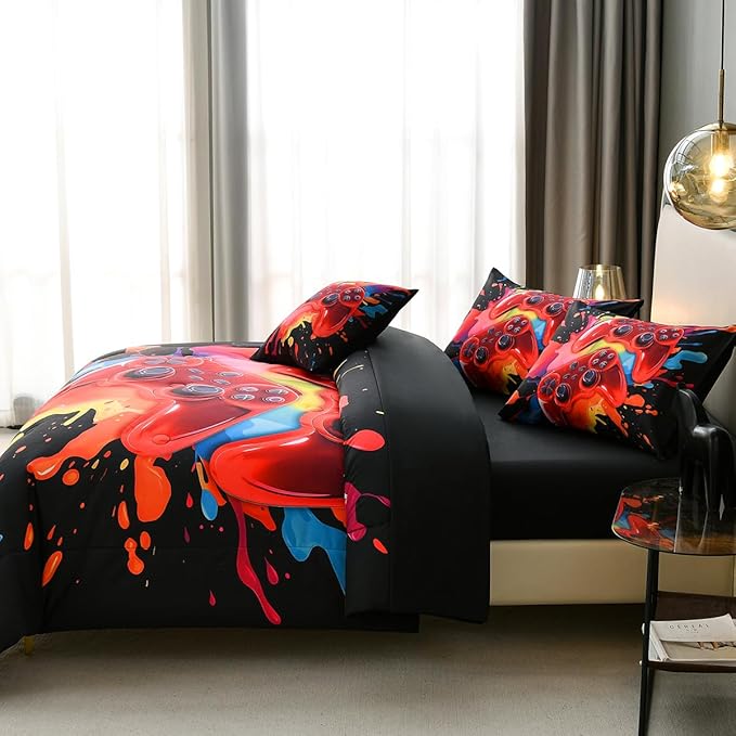 Gamer Comforter Set for Boys Kids, 6 Pcs Bed in a Bag Game Controller Boys Bediing Set Twin Size for All Season - LeafyLoom