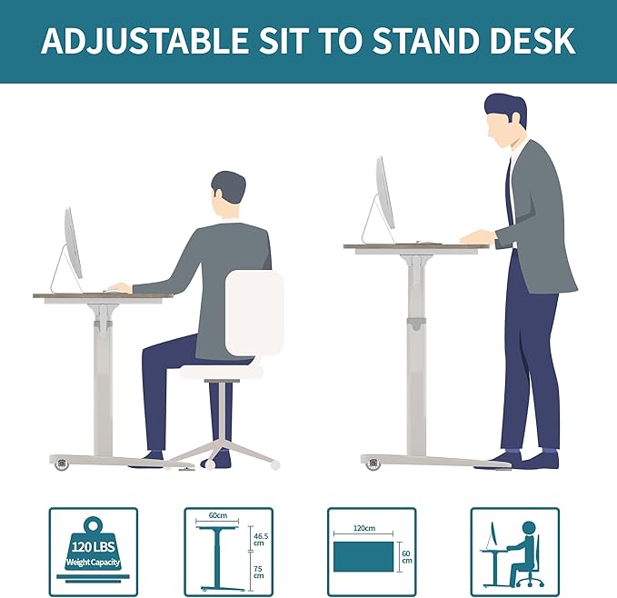Manual Standing Desk Adjustable Height- Crank Mobile Standing Desk 55 x 24 Inches Sit Stand Desk Frame & Top, Stand Up Desk on Wheels, Computer Desk Black Frame & Black - LeafyLoom