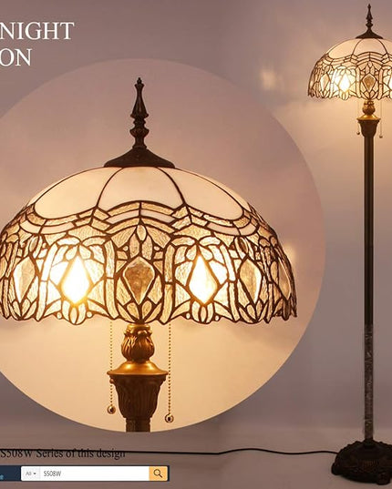 WERFACTORY Tiffany Floor Lamp Crystal Bead White Stained Glass Standing Reading Light 16X16X64 Inches Antique Pole Corner Lamp Decor Bedroom Living Room Home Office S508W Series - LeafyLoom