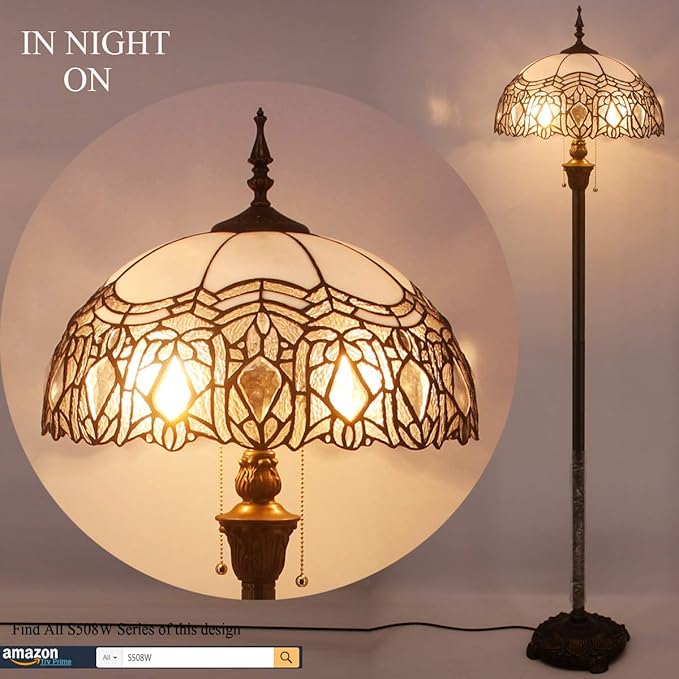 WERFACTORY Tiffany Floor Lamp Crystal Bead White Stained Glass Standing Reading Light 16X16X64 Inches Antique Pole Corner Lamp Decor Bedroom Living Room Home Office S508W Series - LeafyLoom