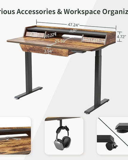 FEZIBO Standing Desk Adjustable Height with Drawers, 48 x 25 Inch Stand Up Desk with Storage Shelf, Electric Standing Desk with Storage Space, Rustic Brown Top/Black Frame - LeafyLoom