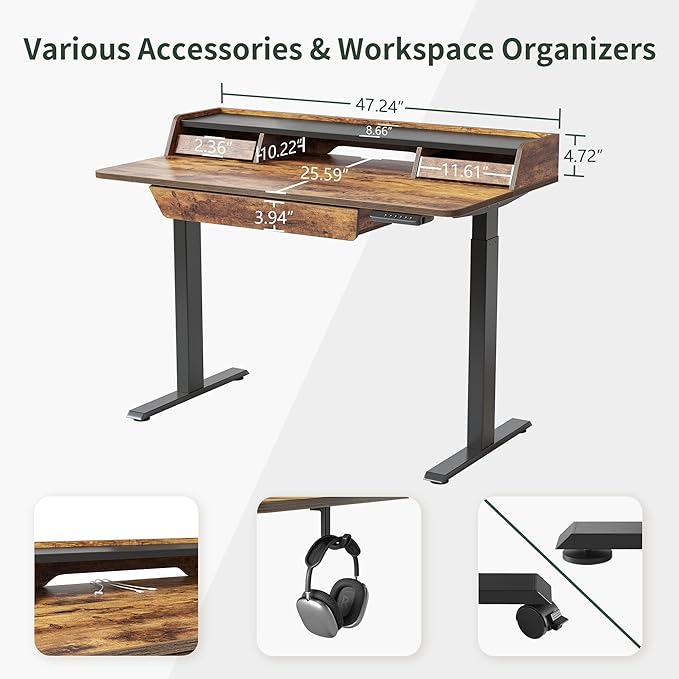 FEZIBO Standing Desk Adjustable Height with Drawers, 48 x 25 Inch Stand Up Desk with Storage Shelf, Electric Standing Desk with Storage Space, Rustic Brown Top/Black Frame - LeafyLoom