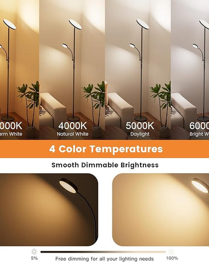 Upgraded Torchiere Floor Lamps with Reading Light, Super Bright Floor Lamps, Dimmable 3000K-6000K LED Sky Standing Lamp, Tall Lamp with Remote & Touch Control for Living Room Bedroom Office - LeafyLoom