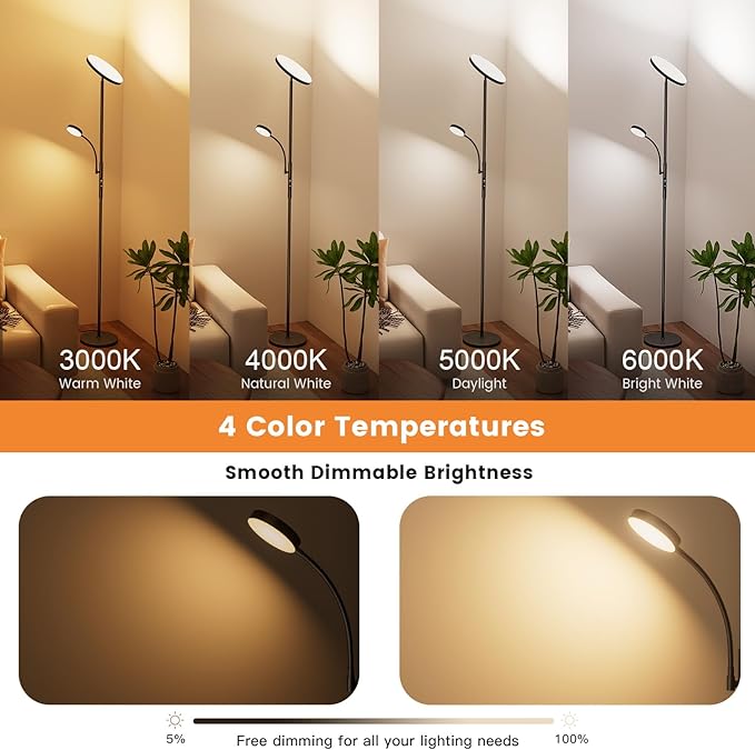 Upgraded Torchiere Floor Lamps with Reading Light, Super Bright Floor Lamps, Dimmable 3000K-6000K LED Sky Standing Lamp, Tall Lamp with Remote & Touch Control for Living Room Bedroom Office - LeafyLoom