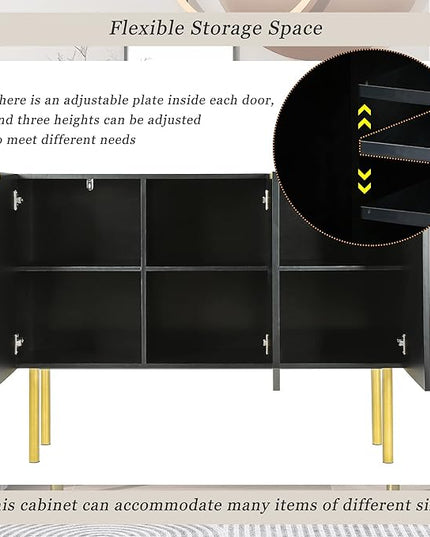 Modern Simple Sideboard with Particle Board & MDF,Luxury Style Buffet Cabinet,W/Gold Metal Legs and Handles,Adjustable Shelves,for Kitchen,Dining Room,Black, 47.2" - LeafyLoom