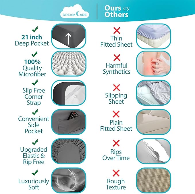 DREAMCARE California King Sheet Sets - Cooling Bed Sheets - 4pcs Set - up to 15" Deep Pocket Cal King Sheets - California King Sheets - Soft & Lasting 100% Brushed Polyester with Side Pocket - D.Gray - LeafyLoom