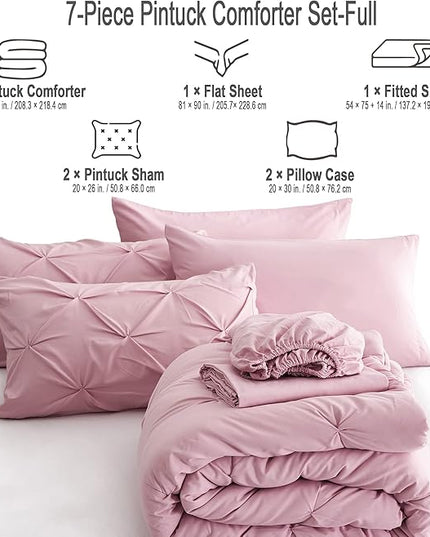 Ubauba 7pc Full Size Comforter Sets with Sheets for Girls, Pinched Pleat 7 Piece Bed in a Bag Blush Bed Set with Comforter, Pintuck All Season Bedding Sets (Pink,Full) - LeafyLoom