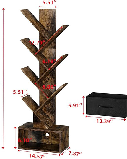 Egepon 6-tier Tree Bookshelf with Drawer Rustic Brown Book Shelf Storage Rack Floor Standing Bookcase for CDs Movies Books Multifunctional Organizer Shelves for Home Office Living Room Bedroom - LeafyLoom