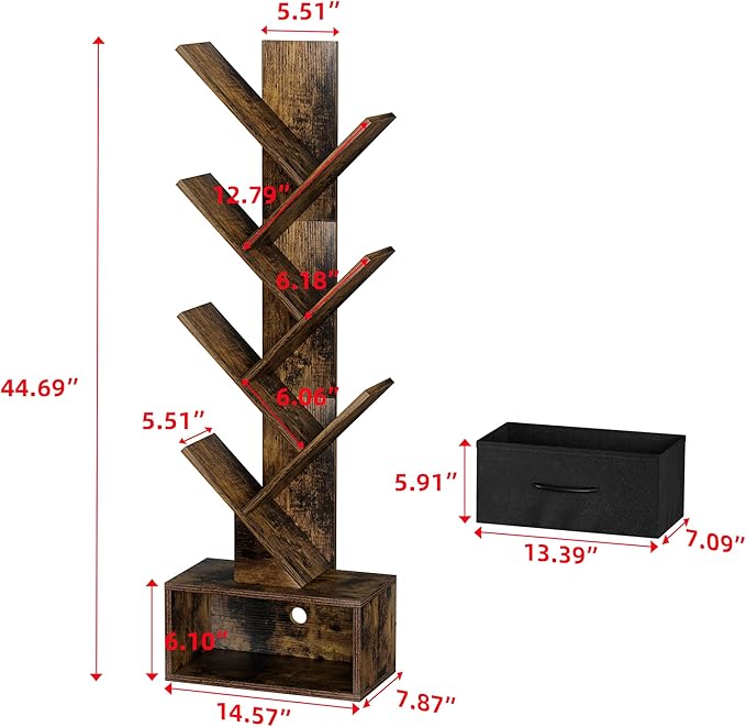Egepon 6-tier Tree Bookshelf with Drawer Rustic Brown Book Shelf Storage Rack Floor Standing Bookcase for CDs Movies Books Multifunctional Organizer Shelves for Home Office Living Room Bedroom - LeafyLoom