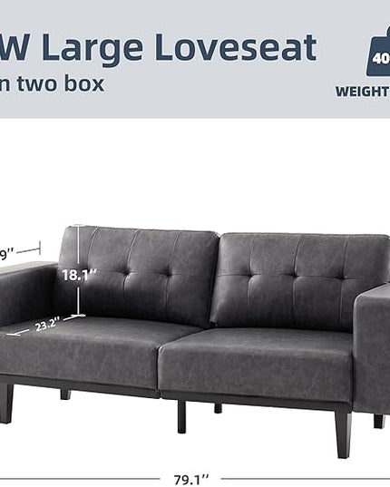79” Leather Sofa Couches for Living Room, Oversized Loveseat Sofa, 3 Seat Mid Century Modern Couch, Faux Leather Couch Sofa, Love Seat with Solid Wood Leg, Bedroom Couch, Grey - LeafyLoom