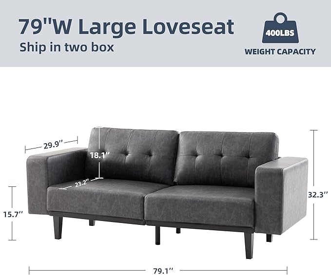 79” Leather Sofa Couches for Living Room, Oversized Loveseat Sofa, 3 Seat Mid Century Modern Couch, Faux Leather Couch Sofa, Love Seat with Solid Wood Leg, Bedroom Couch, Grey - LeafyLoom