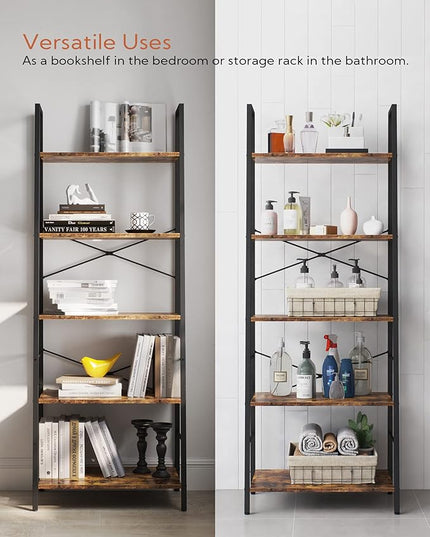 Yusong Bookshelf, Ladder Shelf 5-Tier Bookcase for Bedroom, Industrial Book Shelves Storage Rack with Metal Frame for Home Office, Rustic Brown - LeafyLoom