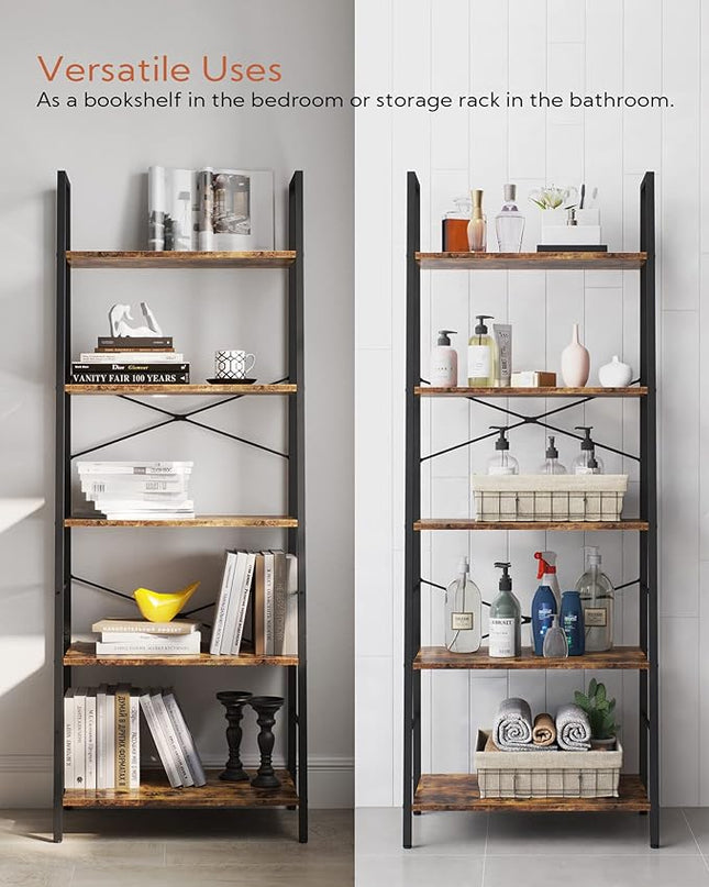 Yusong Bookshelf, Ladder Shelf 5-Tier Bookcase for Bedroom, Industrial Book Shelves Storage Rack with Metal Frame for Home Office, Rustic Brown - LeafyLoom