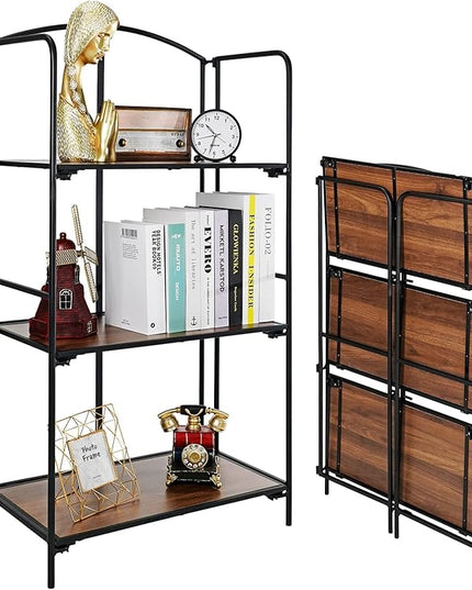 No Assembly Folding Bookshelf, 3 Tier Black Bookshelf, Metal Book Shelf for Storage, Folding Bookcase for Office Organization and Storage, 12.6" D x 22.44" W x 42.13" H - LeafyLoom