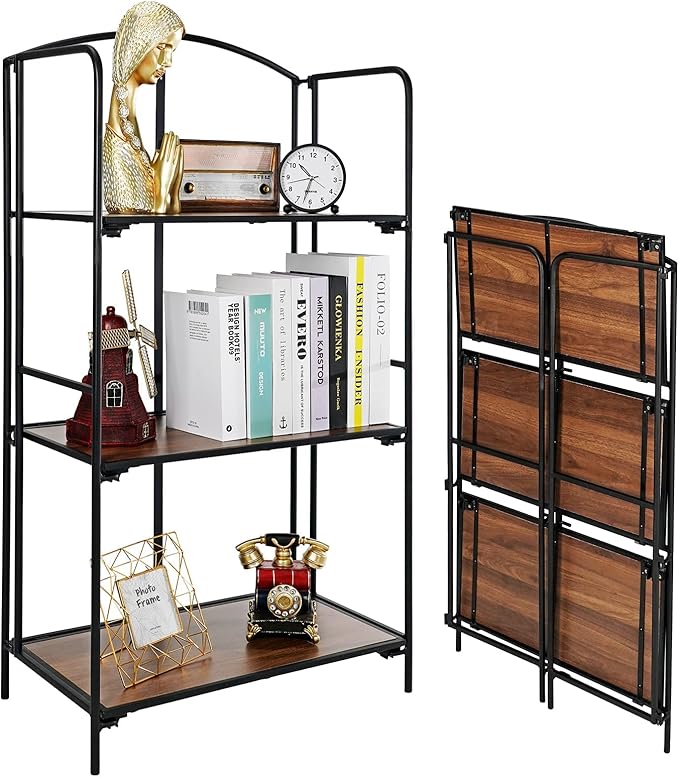 No Assembly Folding Bookshelf, 3 Tier Black Bookshelf, Metal Book Shelf for Storage, Folding Bookcase for Office Organization and Storage, 12.6" D x 22.44" W x 42.13" H - LeafyLoom