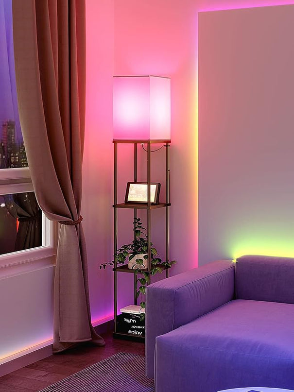 addlon Floor Lamp with Shelves with LED Smart RGB Bulb, 4-Tier Modern Shelf Display for Living Room, Bedroom and Office - Black - LeafyLoom