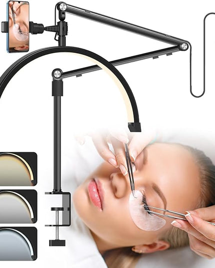 Professional LED Lash Light for Eyelash Extensions, Clip on Lash Lamp for Makeup, Nail, Skincare and Tattoo with Phone Holder - Adjustable Brightness and Color Temperature 3000K-6000K - LeafyLoom
