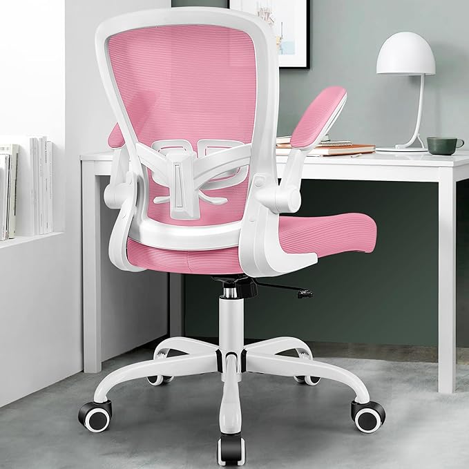 MINLOVE Office Chair Ergonomic Desk Chair with Adjustable Lumbar Support and Height, 90° Flip-up Armrests, Ergo Desk Chairs with Wheels, Home Work Use (Pink) - LeafyLoom