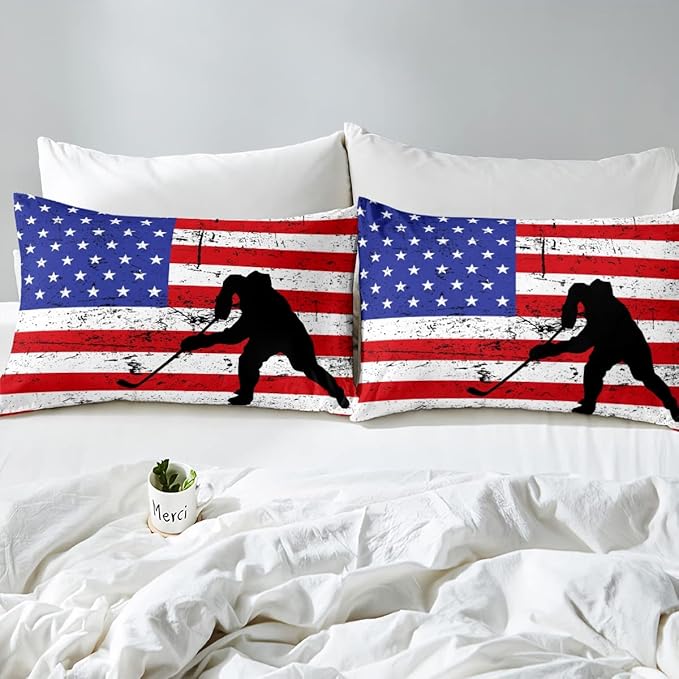 Erosebridal American Flag Comforter Set Twin, Hockey Bedding Set United States Sports Games Down Comforter for Kids Boys Teens Bedroom, Red White Geometric Stripes Duvet Sets with 1 Pillowcase - LeafyLoom