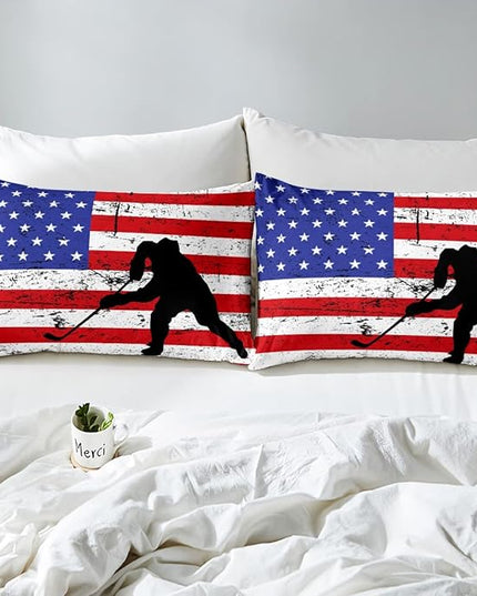 Erosebridal American Flag Comforter Set Queen, Hockey Bedding Set United States Sports Games Down Comforter for Kids Boys Teens Bedroom, Red White Geometric Stripes Duvet Sets with 2 Pillowcases - LeafyLoom