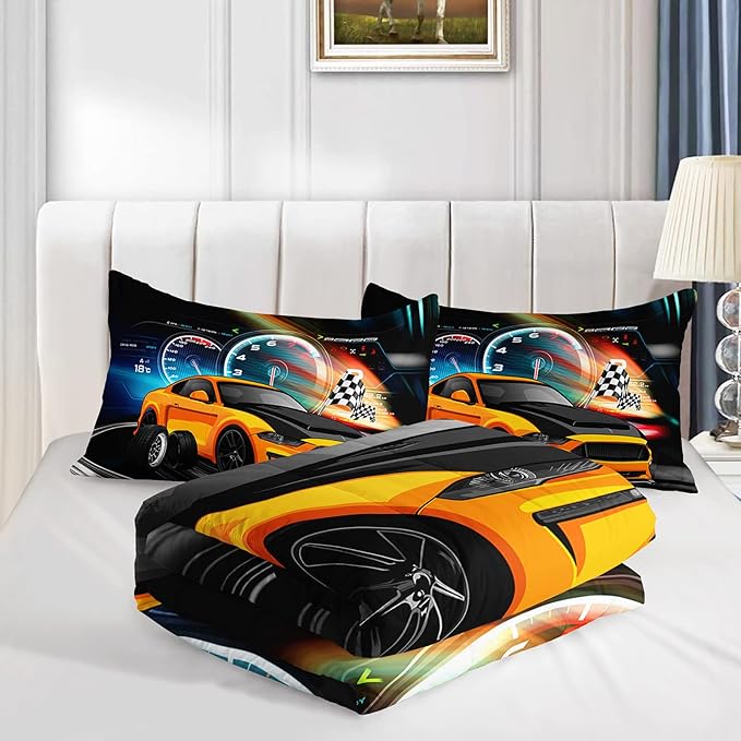 Axolotl Race Car Bedding Set Twin Size,Boys Extreme Sports Comforter Set for Kids Boys Car Racing Gifts,Yellow Cool Car Comforter Car Sports Quilt Set 1 Comforter with 2 Pillowcase Car Racing Gifts - LeafyLoom