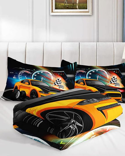 Axolotl Race Car Bedding Set Queen Size,Boys Extreme Sports Comforter Set for Kids Boys Car Racing Gifts,Yellow Cool Car Comforter Car Sports Quilt Set 1 Comforter with 2 Pillowcase Car Racing Gifts - LeafyLoom