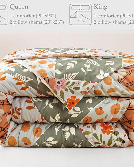 Whale Flotilla King Comforter Set, Soft Reversible Orange and Beige Bedding Comforter Set with Boho Pattern, 1 Micoriber Patchwork Comforter and 2 Pillow Shams, 3 Pieces - LeafyLoom