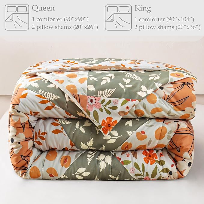 Whale Flotilla Queen Full Comforter Set, Soft Reversible Orange and Beige Bedding Comforter Set with Boho Pattern, 1 Micoriber Patchwork Comforter and 2 Pillow Shams, 3 Pieces - LeafyLoom
