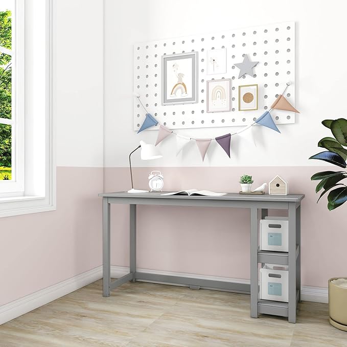 Max & Lily Solid Wood Desk With Shelves, 55 Inches, Grey - LeafyLoom