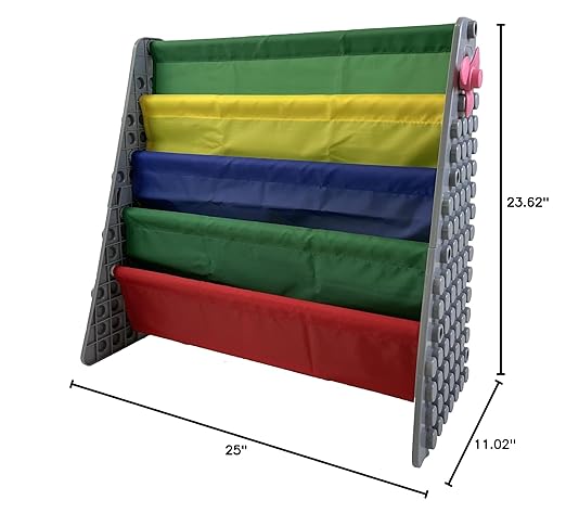 UNiPLAY Kids 4-Tier Book Storage Organizer with Sling Book Pockets, Plastic Sling Rack Bookshelf for Playroom, Fits Blocks, Gray/Primary - LeafyLoom