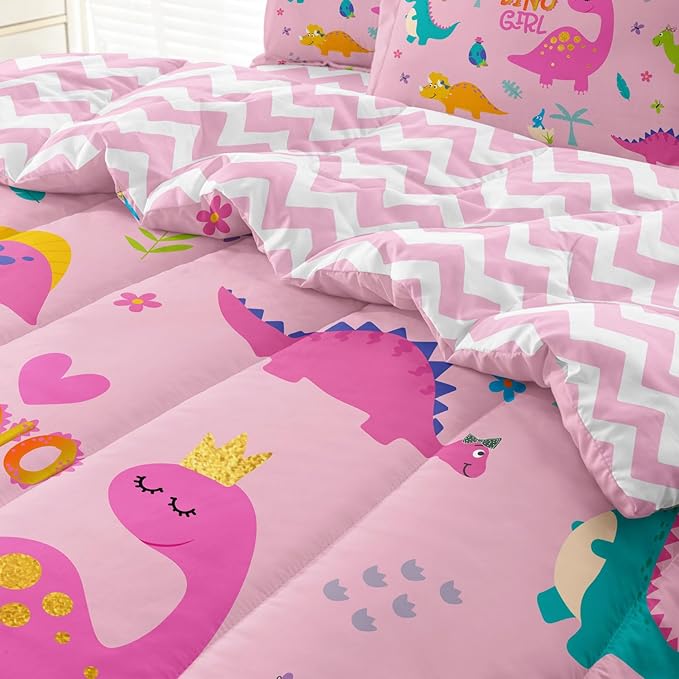 Girls Dinosaur Bedding Twin Green Pink Dinosaur Comforter Set, Cute Cartoon Down Comforter for Little Girls Teens Kids Adults Room Decor, Reversible Bed-in-a-Bag 5-Piece Bed Sets - LeafyLoom