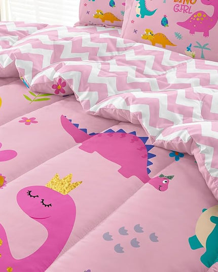 Girls Dinosaur Bedding Full Green Pink Dinosaur Comforter Set, Cute Cartoon Down Comforter for Little Girls Teens Kids Adults Room Decor, Reversible Bed-in-a-Bag 5-Piece Bed Sets - LeafyLoom