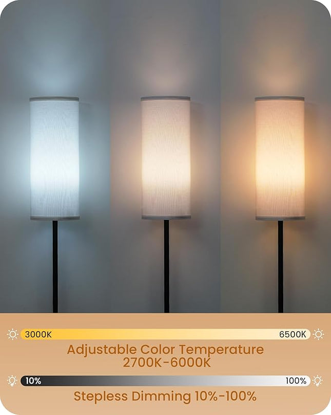 Dimmable Floor Lamp for Living Room, Corner Floor Lamp with Remote, 66'' Standing Tall Lamp, Linen Lampshade, 10W 800LM LED Bulb for Bedroom Study, FCC Listed Black and Pure White CW06LD05 - LeafyLoom