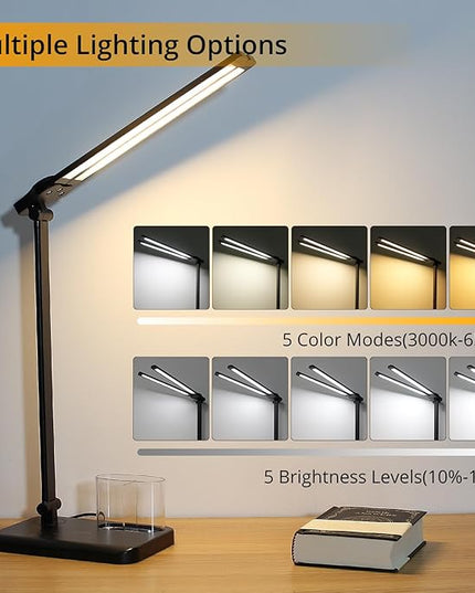 Qooltek Touch Control LED Desk Lamp, Table Lamp with 5 Color Modes Dimmable Brightness for Home Office, Dual Swing Arm USB Charging Port Desk Light, Eye-Caring Reading Light with Pen Holder, Black - LeafyLoom