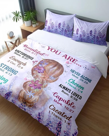Girls Purple Comforter Sets Queen Size for Girls, Pretty Blonde Girls Love Purple Floral Quilt Bedding Sets for girls Bed in A Bag Comforter Set with 2 Pillowcases - LeafyLoom