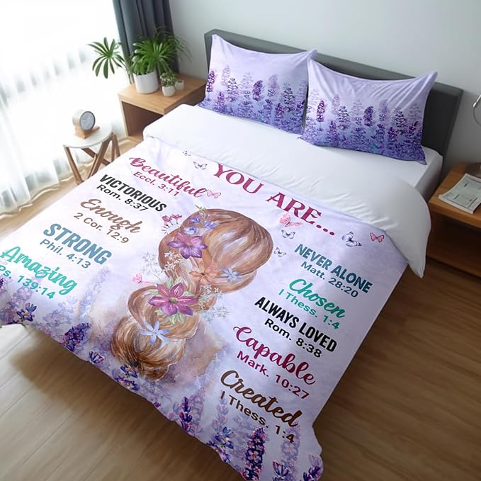 Girls Purple Comforter Sets Queen Size for Girls, Pretty Blonde Girls Love Purple Floral Quilt Bedding Sets for girls Bed in A Bag Comforter Set with 2 Pillowcases - LeafyLoom