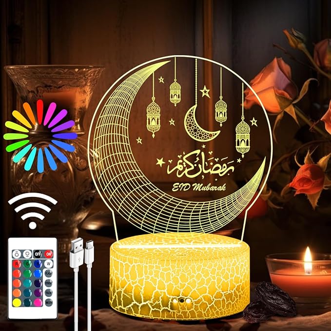 Ramadan Mubarak Decorations, Ramadan LED Night Light with Remote 16 Color Flashing, Eid al-Fitr Mubarak 3D Star Moon Lights for Bedroom Ramadan Gifts for Islamic Holiday Believers Muslims Home Decor - LeafyLoom