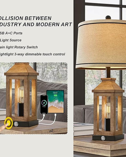23.75" Farmhouse Table Lamps Set USB A+C Charging Ports 3-Way Dimmable Touch Control Lamp Nightlight Vintage Modern Lamp for Living Room Bedroom with 2 Light Sources - LeafyLoom