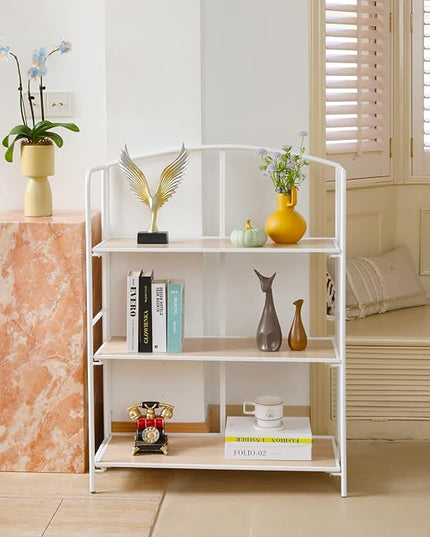 No Assembly Folding Bookshelf, 3 Tier White Bookshelf, Metal Book Shelf for Storage, Folding Bookcase for Office Organization and Storage, 12.87" D x 30.9" W x 42.33" H - LeafyLoom