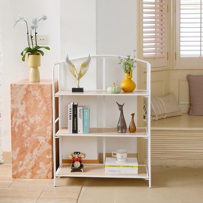 No Assembly Folding Bookshelf, 3 Tier White Bookshelf, Metal Book Shelf for Storage, Folding Bookcase for Office Organization and Storage, 12.87" D x 30.9" W x 42.33" H - LeafyLoom